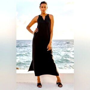 J.jill Wearever Double-face Jersey Split-neck Maxi Dress In Black XSP